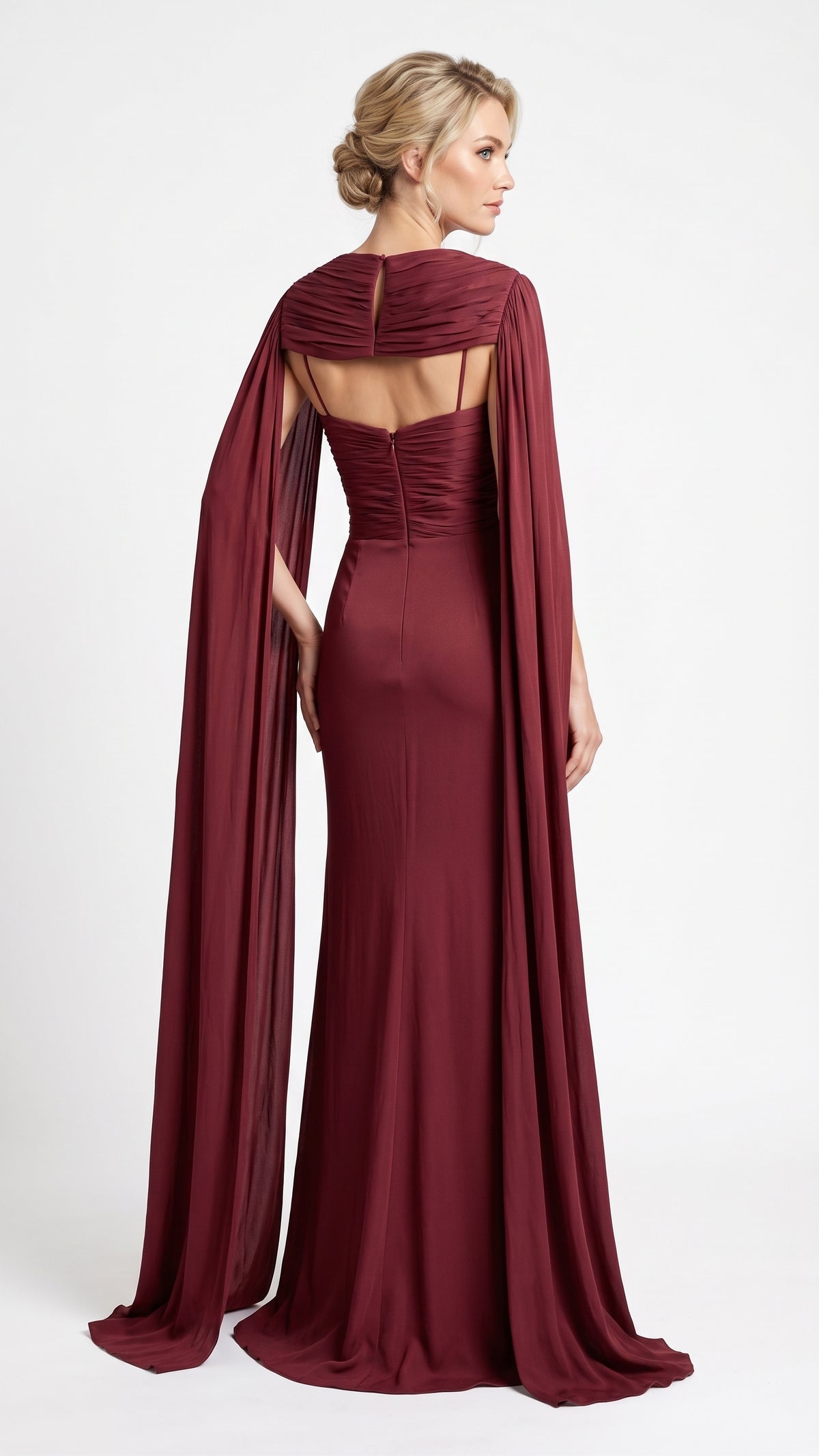 e:  Elegantes Chiffon-Abendkleid in Khakigrün mit Paillettenkragen und Cape-Ärmeln Beschreibung:  e422