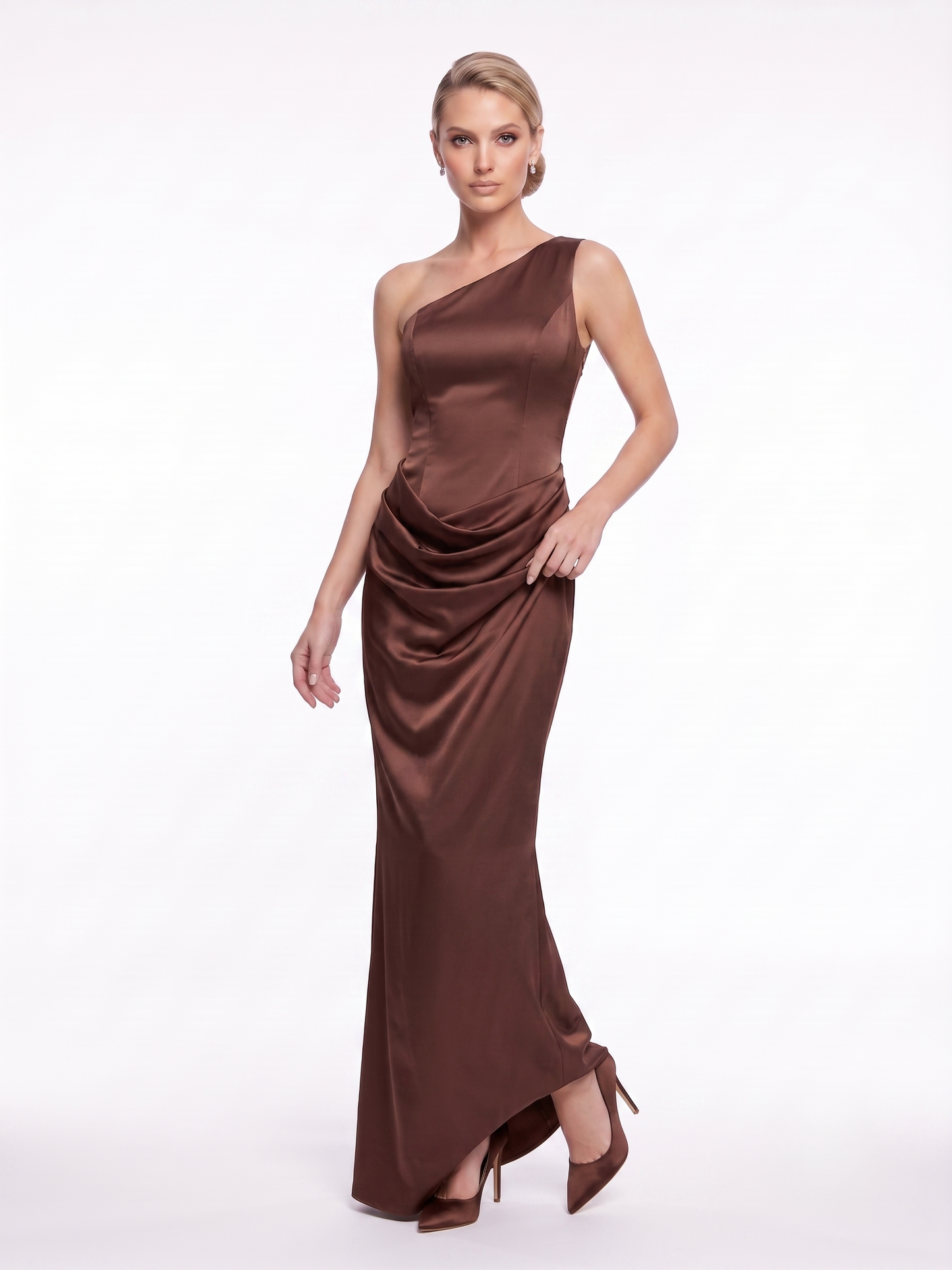 One-Shoulder Satinabendkleid mit Drapierung e387