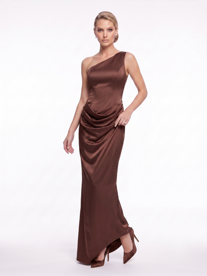 One-Shoulder Satinabendkleid mit Drapierung e387