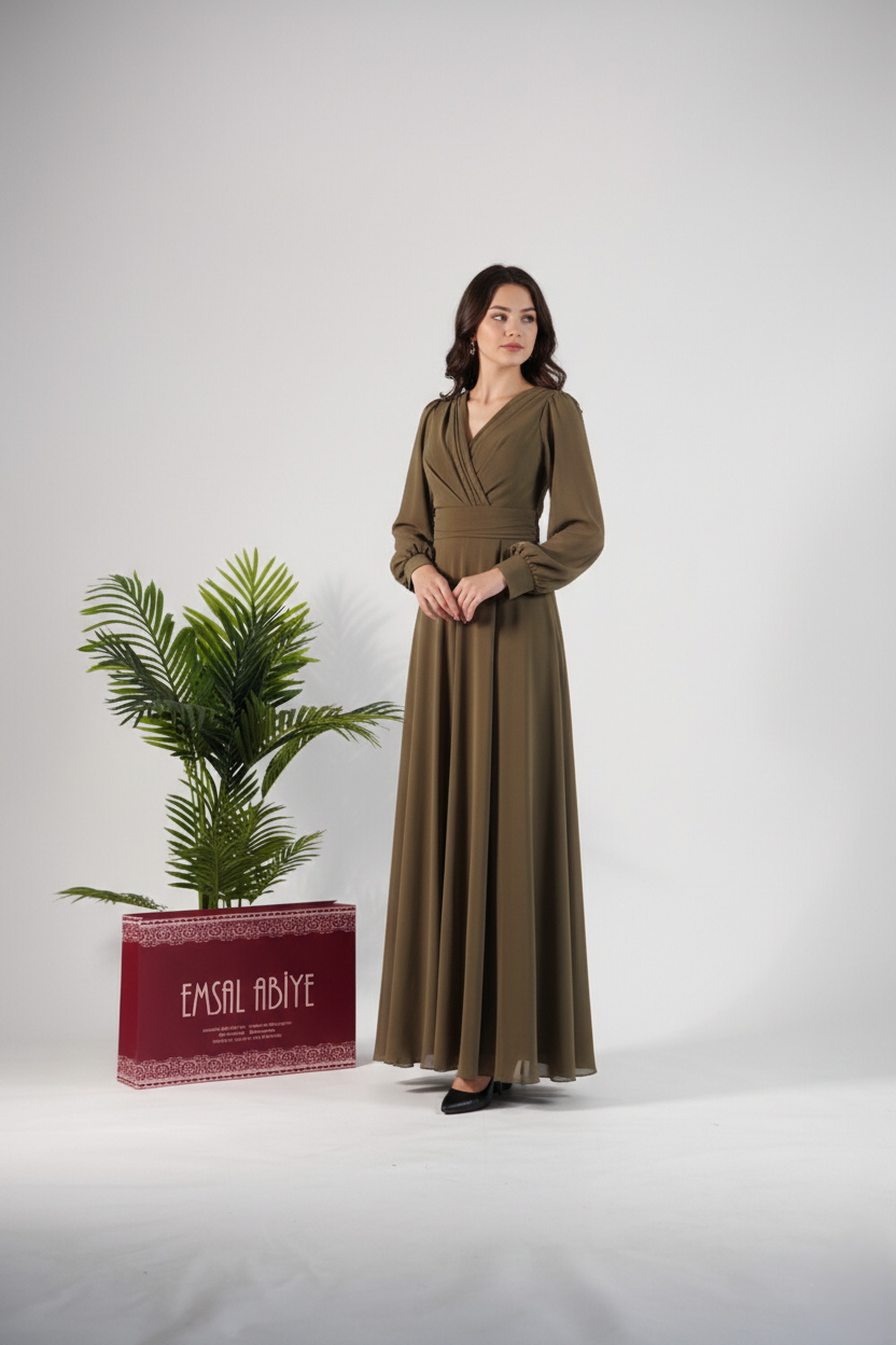 Chiffon-Abendkleid mit V-Ausschnitt und langen Ärmeln E348