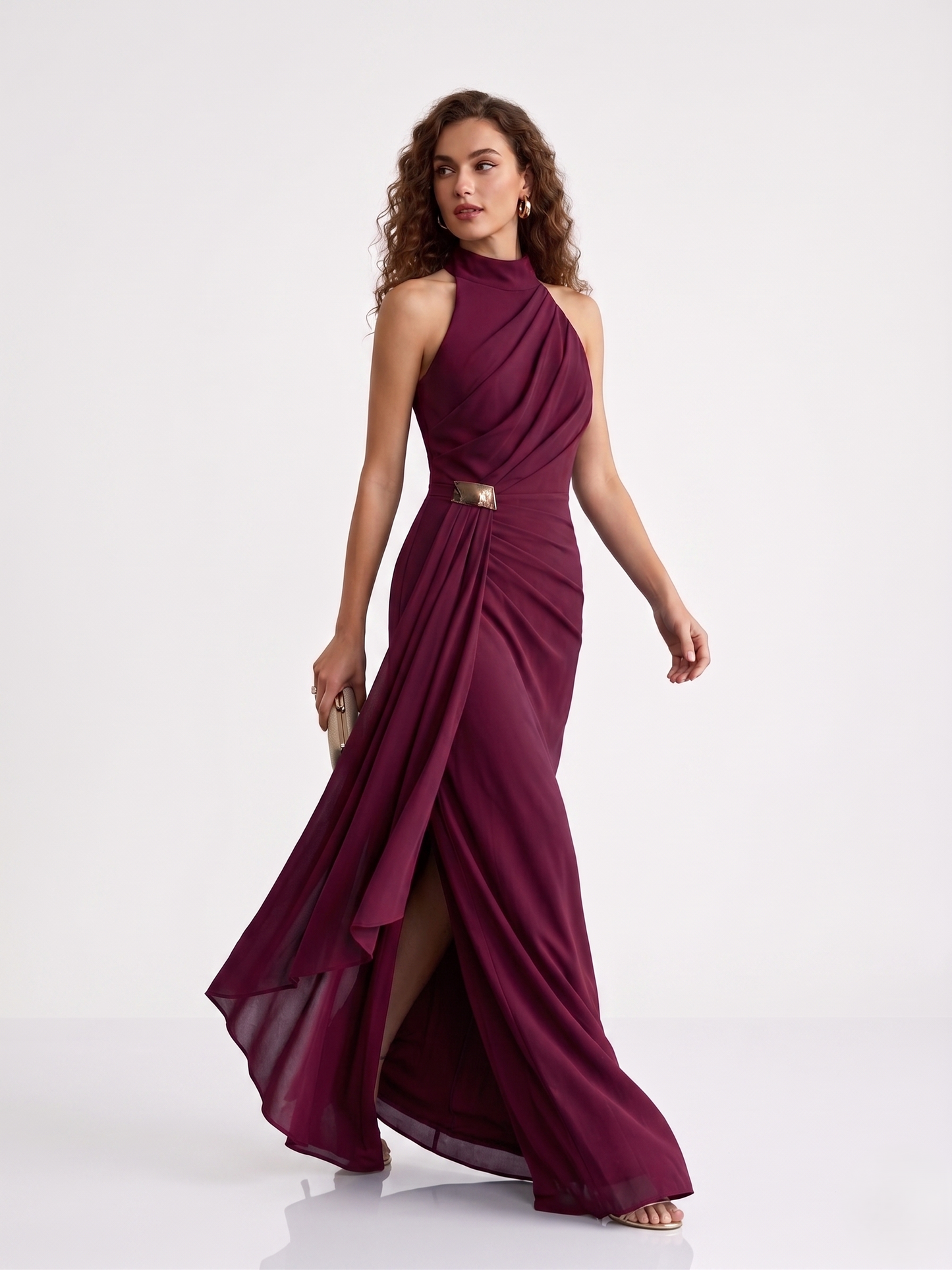 Chiffonabendkleid mit Drapierung und Stehkragen E384