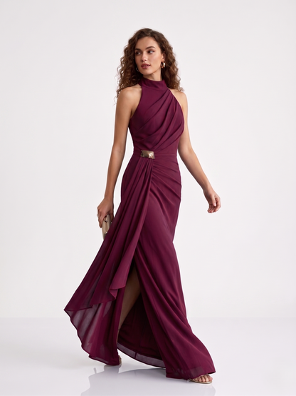 Chiffonabendkleid mit Drapierung und Stehkragen E384