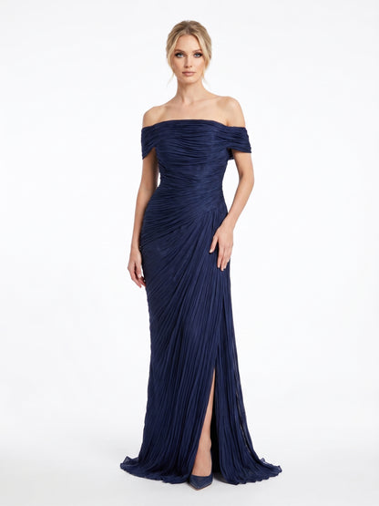 Elegantes schulterfreies Plissee-Abendkleid in Metallic-Olivgold Beschreibung: e389