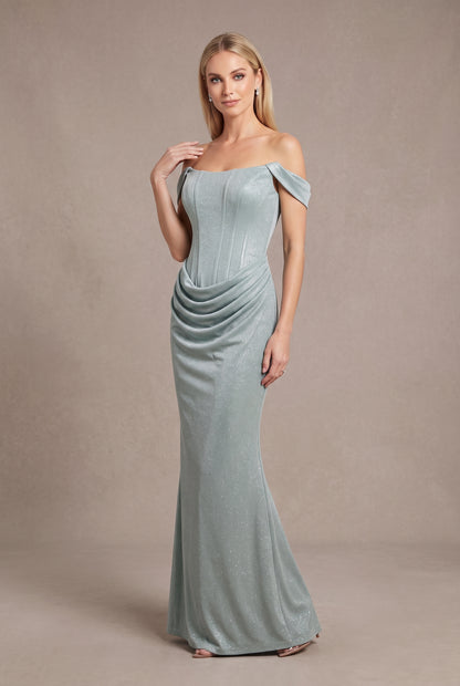 Schulterfreies Korsett-Abendkleid mit Drapierung in Roségold Beschreibung: e408
