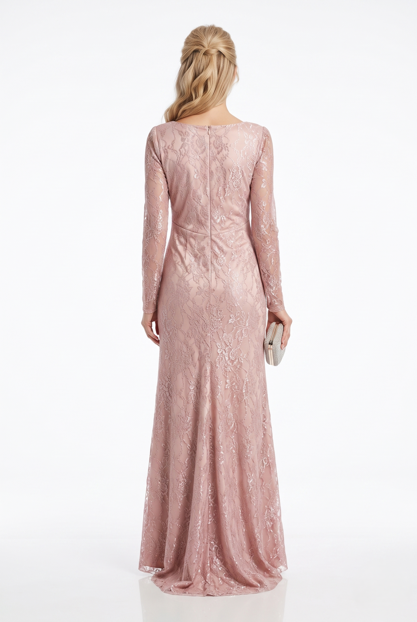 Spitzen-Abendkleid mit Drapierung und hohem Schlitz e395