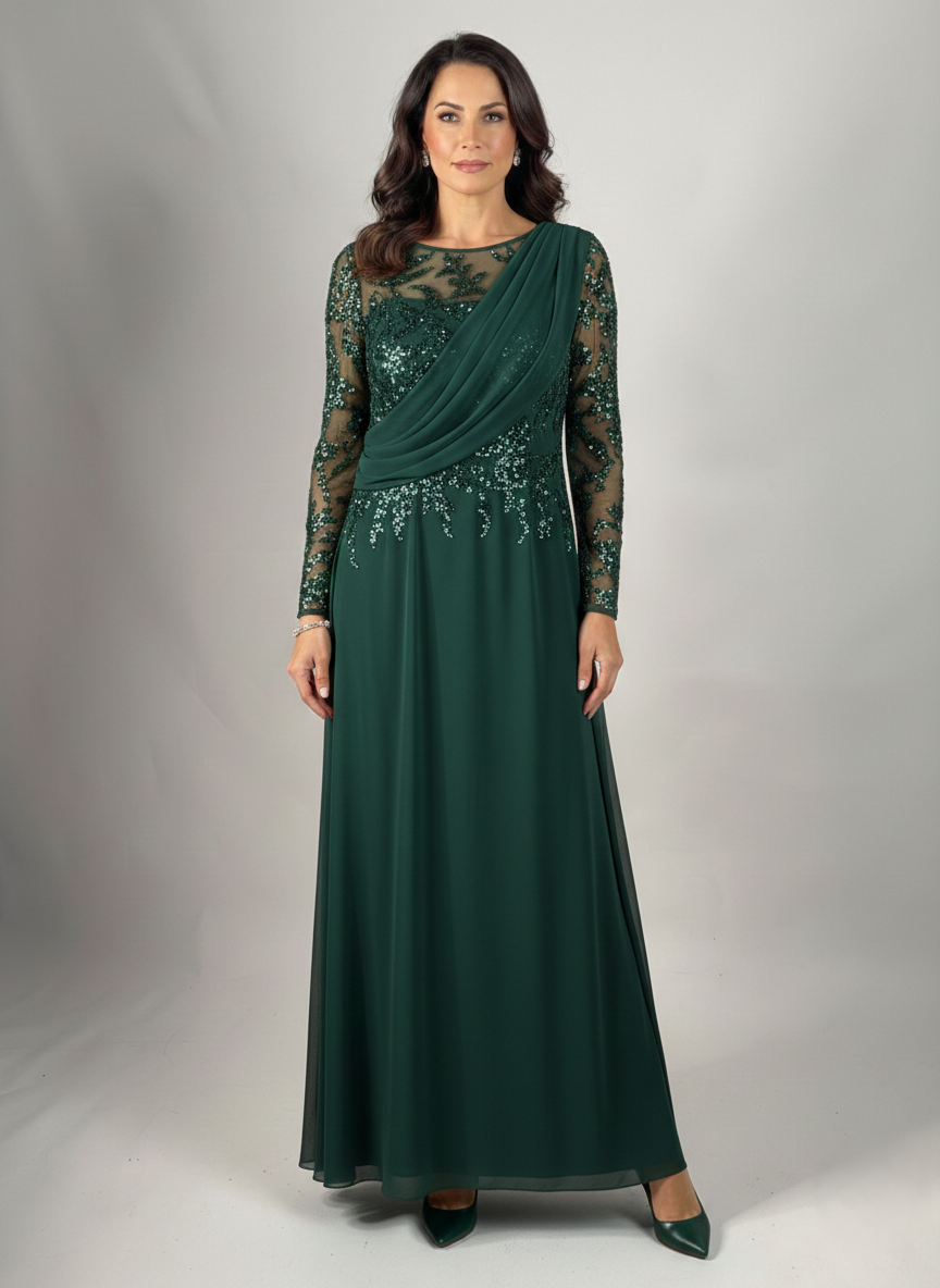 Langes Schwarzes Abendkleid mit Drapiertem Oberteil und Steinverzierungen E353