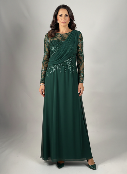 Langes Schwarzes Abendkleid mit Drapiertem Oberteil und Steinverzierungen E353