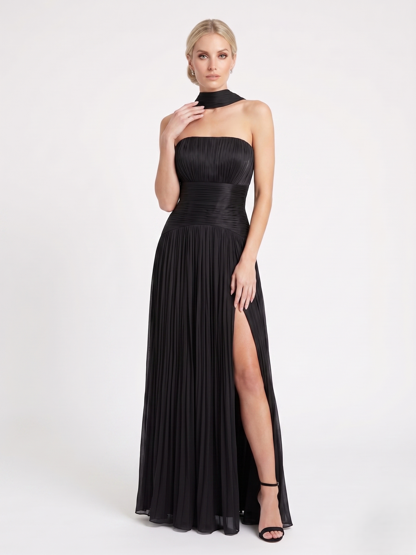 Elegantes trägerloses Plissee-Abendkleid in Rosé Beschreibung e397