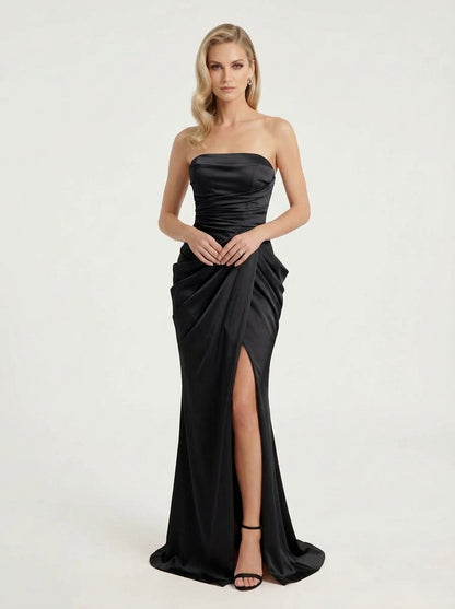 Elegantes trägerloses Satin-Abendkleid mit Drapierung und hohem Beinschlitz in Khakigrün Beschreibung: e425