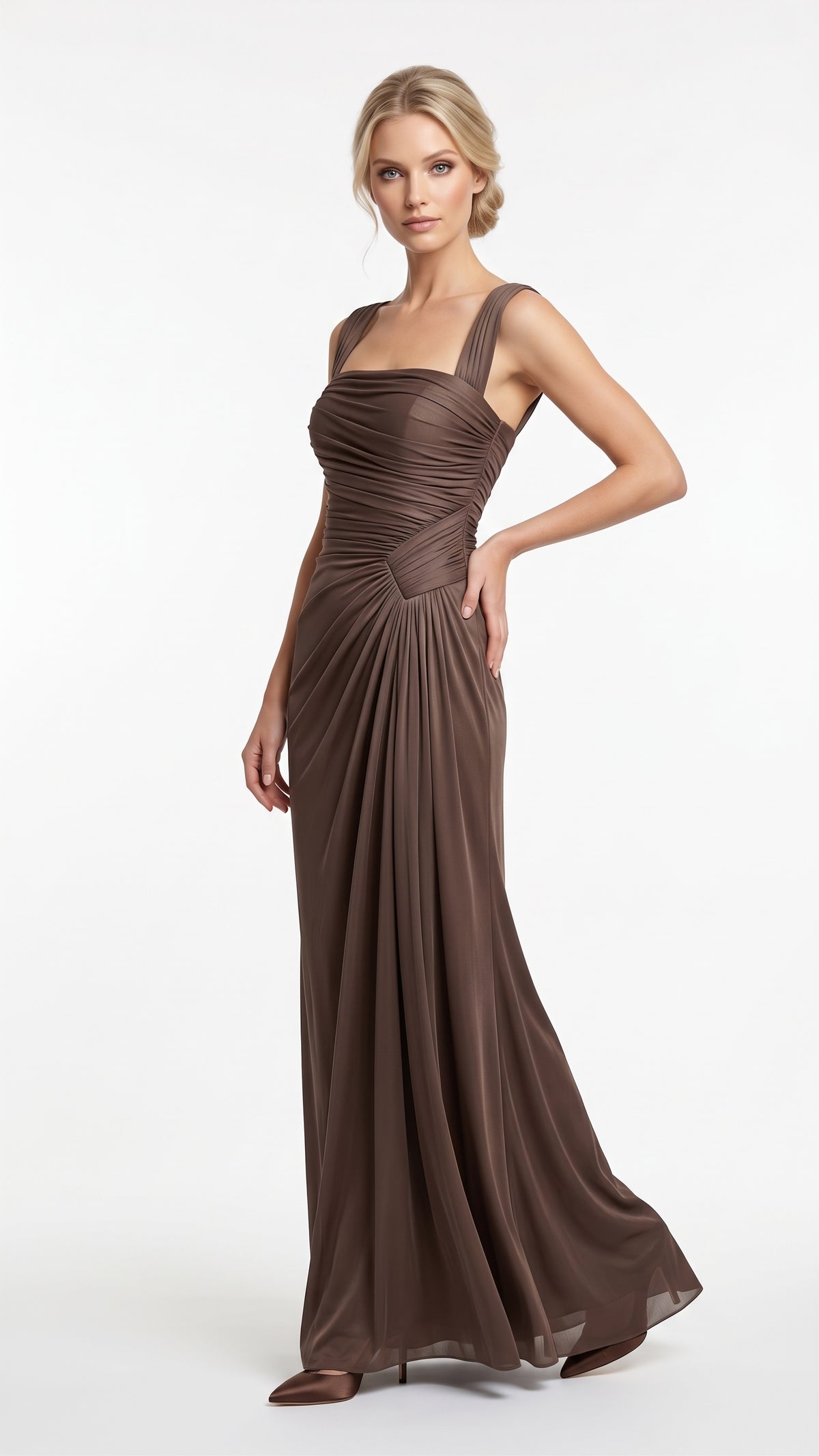 Elegantes Abendkleid mit Drapierung in Metallic-Kupfer Beschreibung: e414