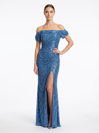 Langes Glänzendes Abendkleid mit Schlitz E354