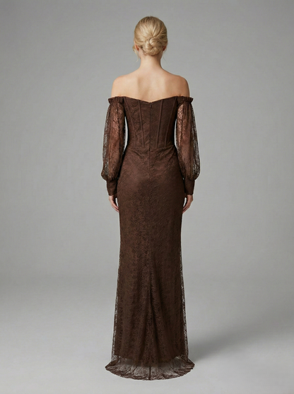 Schulterfreies langes Spitzenabendkleid E375