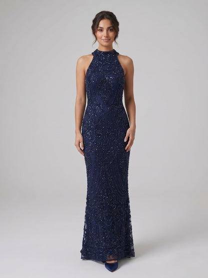 Ärmelloses Spitzenabendkleid mit Stehkragen e379