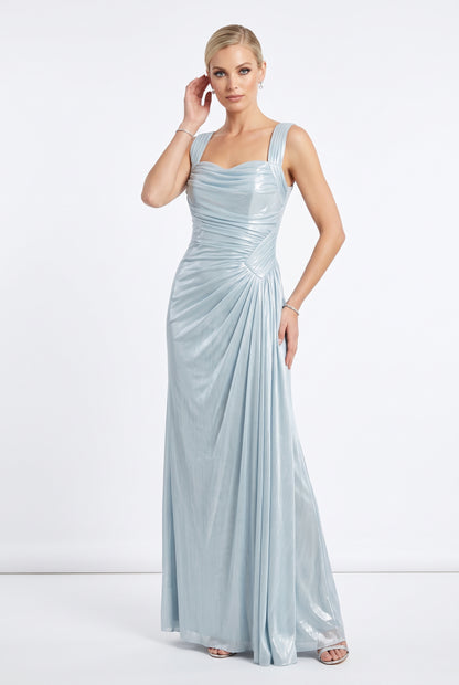 Elegantes Abendkleid mit Drapierung in Metallic-Kupfer Beschreibung: e414