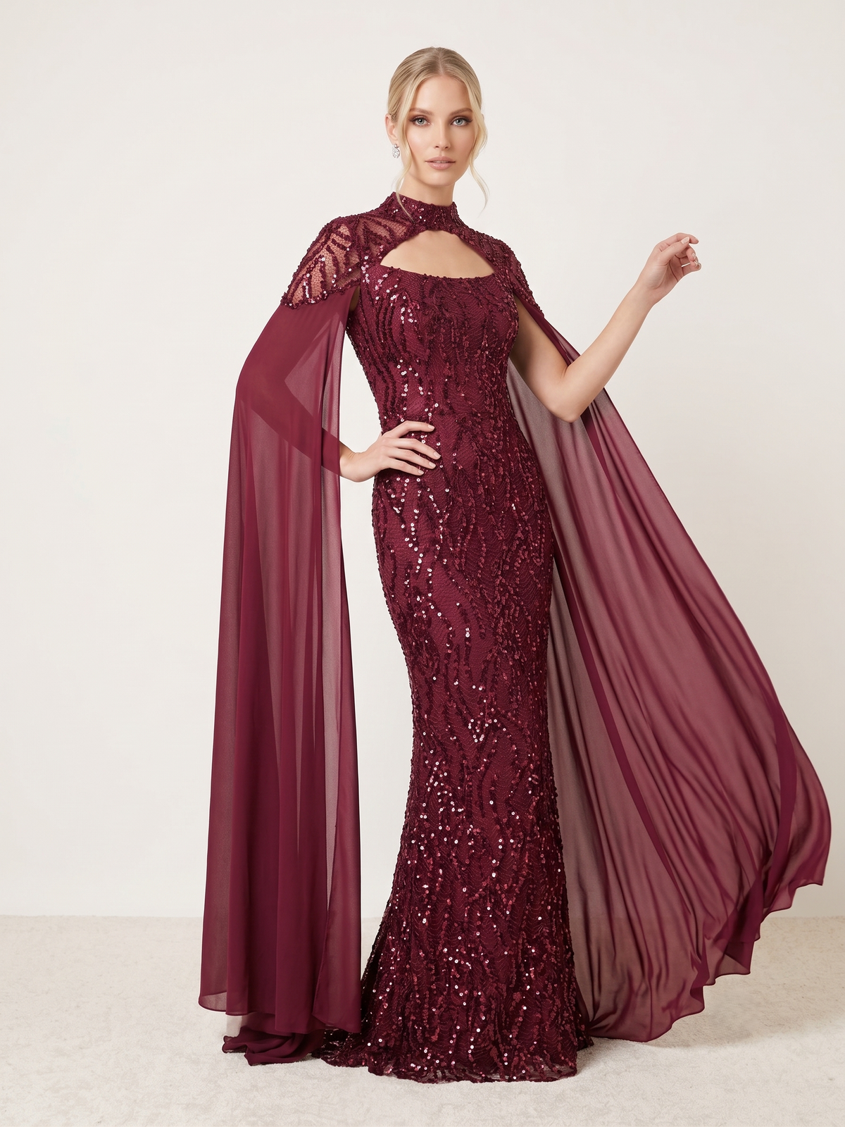 Pailletten-Abendkleid mit Chiffon-Cape e392