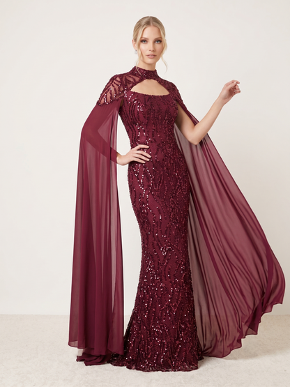 Pailletten-Abendkleid mit Chiffon-Cape e392