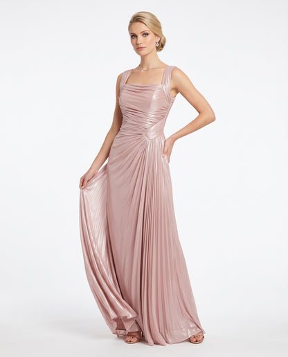 Elegantes Abendkleid mit Drapierung in Metallic-Kupfer Beschreibung: e414
