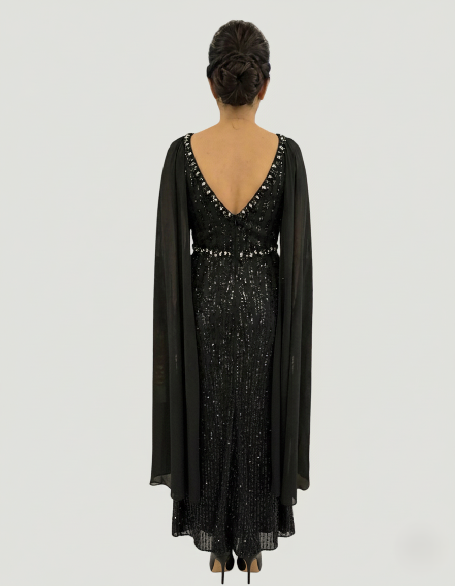Langes Pailletten-Abendkleid mit Cape-Ärmeln&nbsp - E288