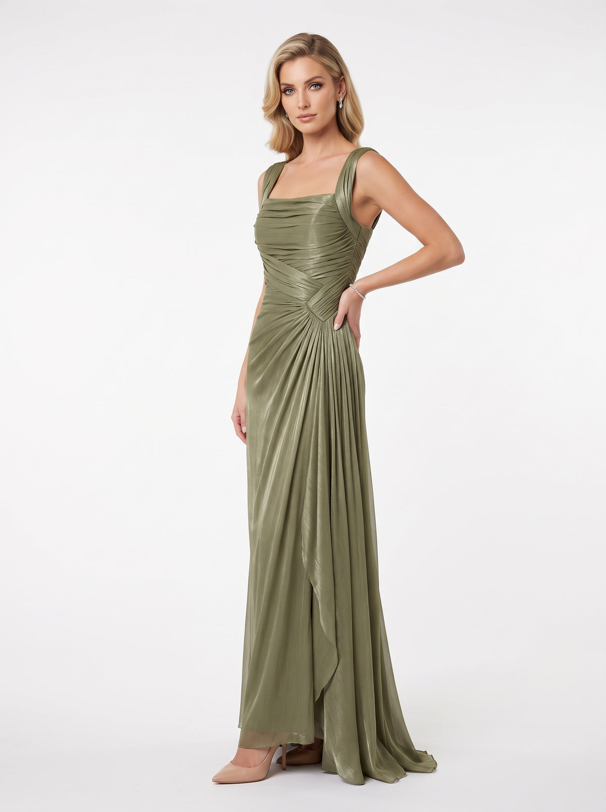 Elegantes Abendkleid mit Drapierung in Metallic-Kupfer Beschreibung: e414