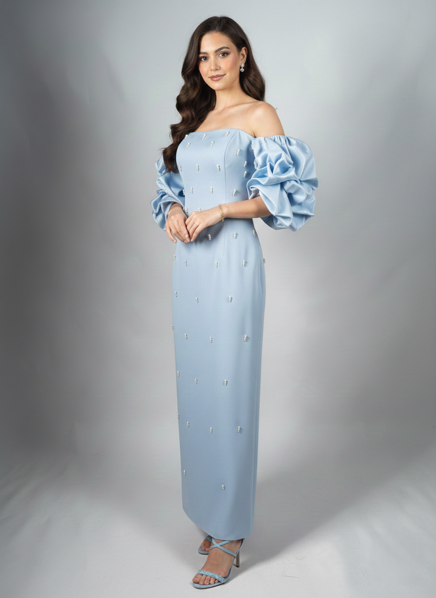 Schulterfreies Langes Abendkleid mit Puffärmeln E340