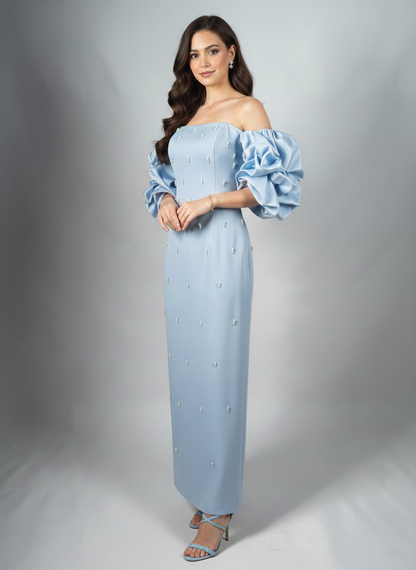 Schulterfreies Langes Abendkleid mit Puffärmeln E340