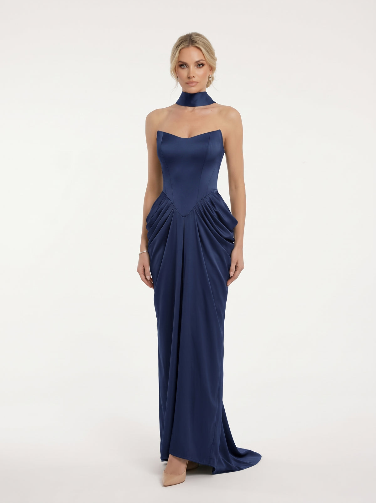 Artful, figure-hugging ruching and draping e429