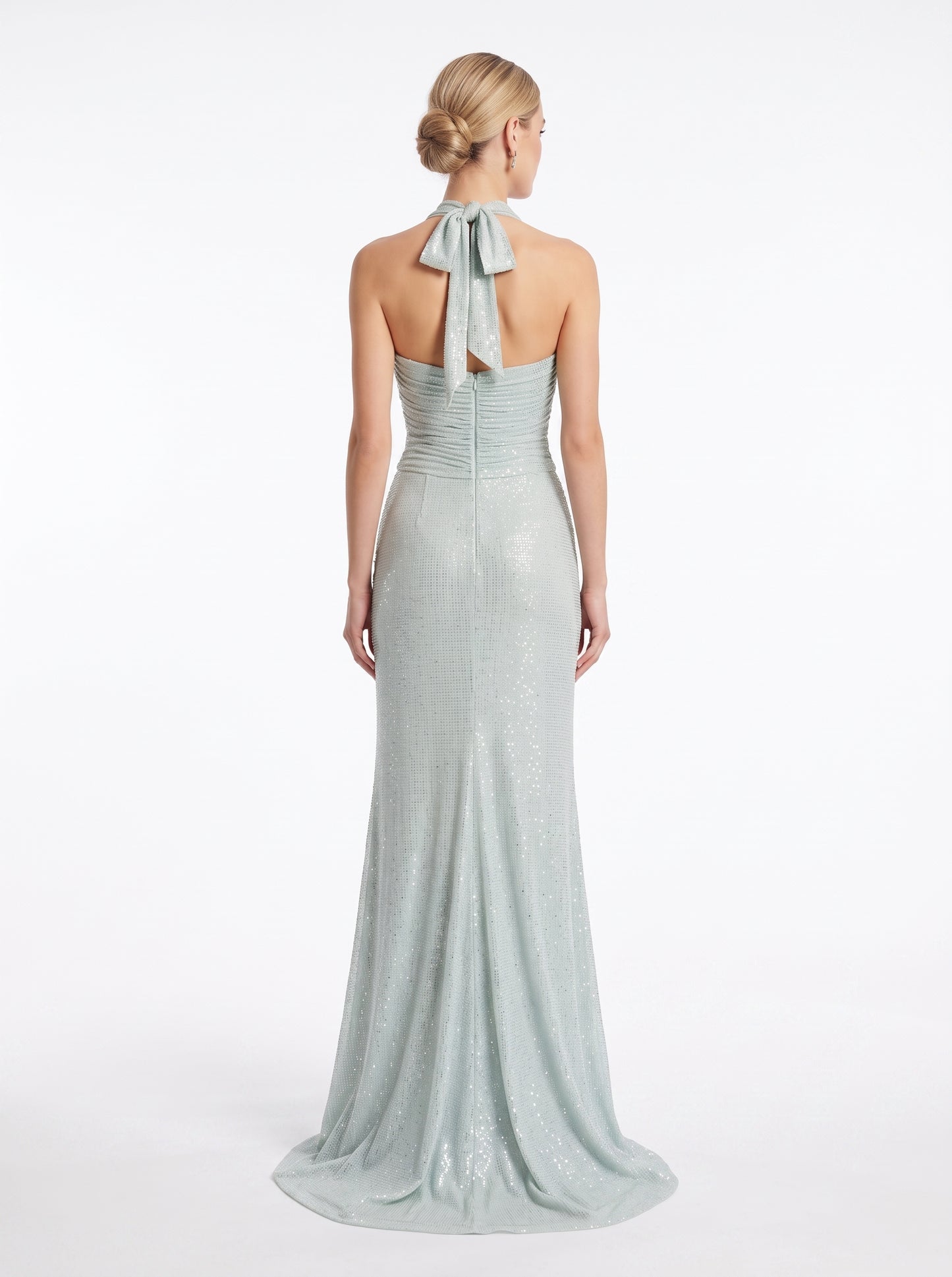 Elegantes Neckholder-Abendkleid mit Drapierung in Mintgrün Beschreibung: e410