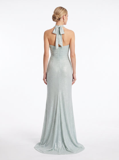 Elegantes Neckholder-Abendkleid mit Drapierung in Mintgrün Beschreibung: e410