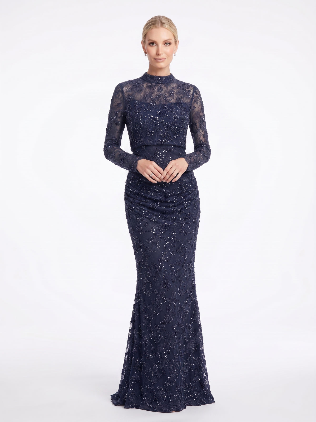 Langärmliges Spitzen-Abendkleid mit Raffung in Schokobraun Beschreibung: e405