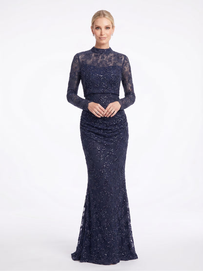 Langärmliges Spitzen-Abendkleid mit Raffung in Schokobraun Beschreibung: e405