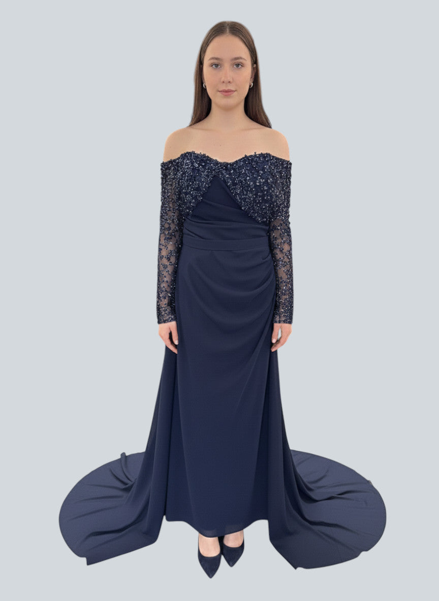 Schulterfreies Kleid mit Perlenbestickung - E270