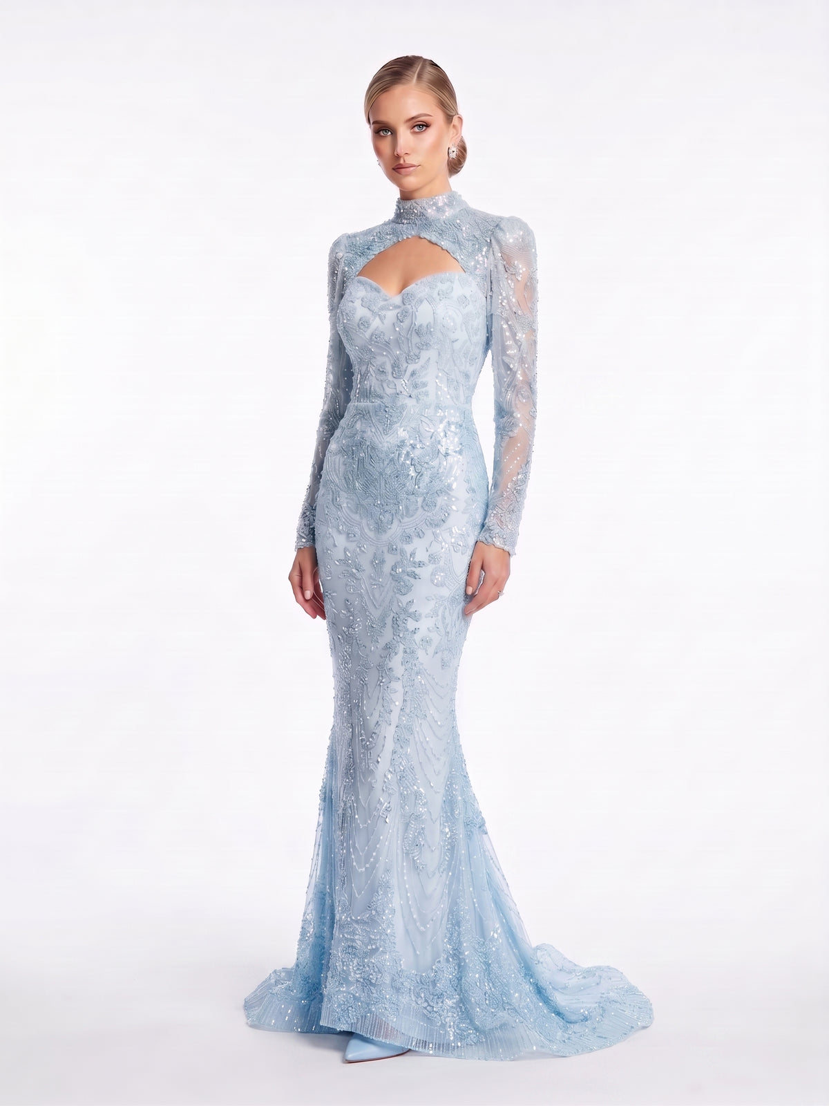Langärmliges Meerjungfrauen-Abendkleid mit aufwendiger Steinverzierung Beschreibung: e406