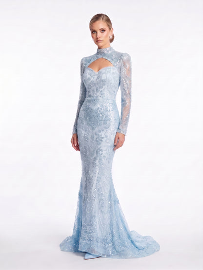 Langärmliges Meerjungfrauen-Abendkleid mit aufwendiger Steinverzierung Beschreibung: e406