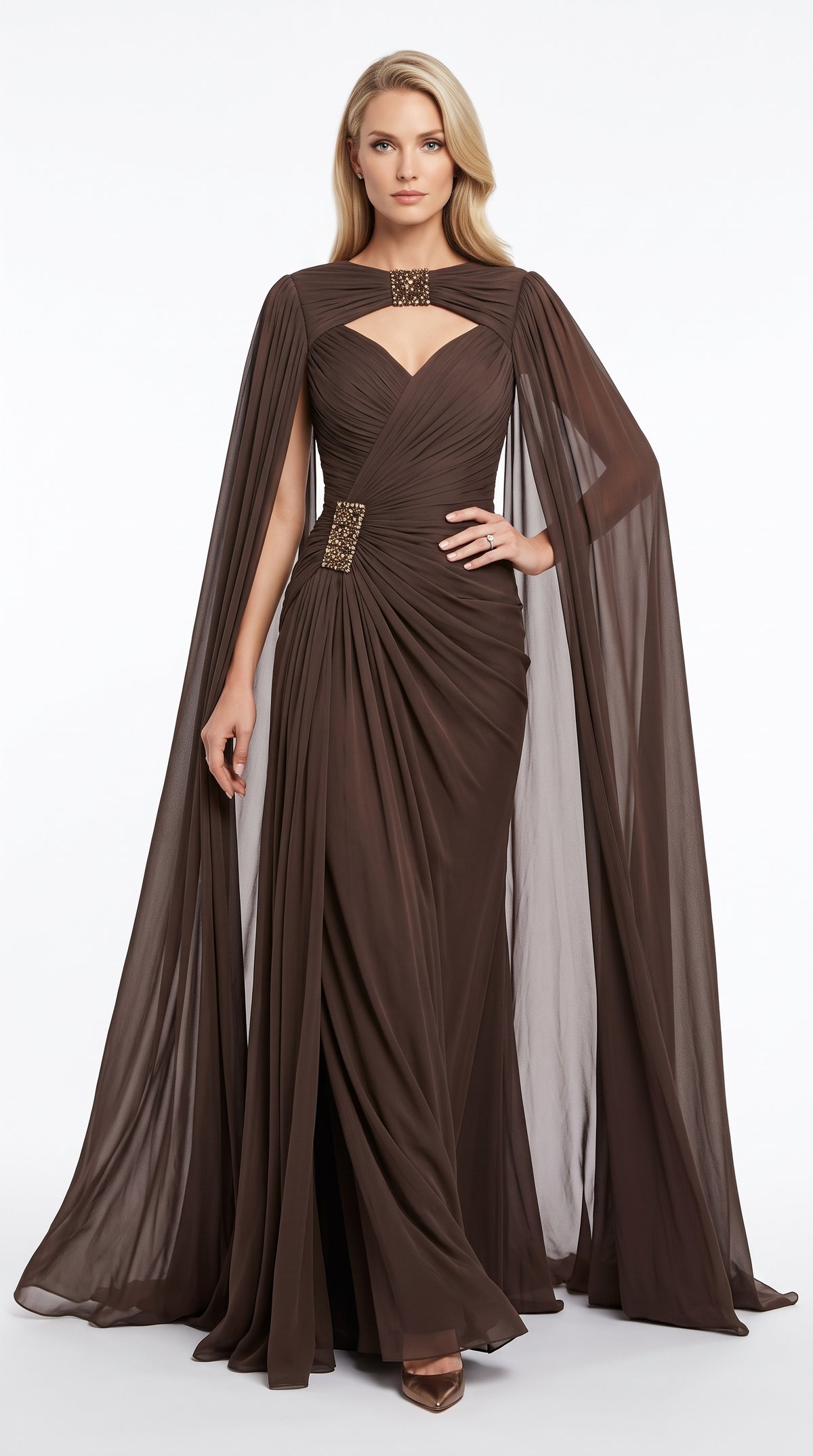e:  Elegantes Chiffon-Abendkleid in Khakigrün mit Paillettenkragen und Cape-Ärmeln Beschreibung:  e422