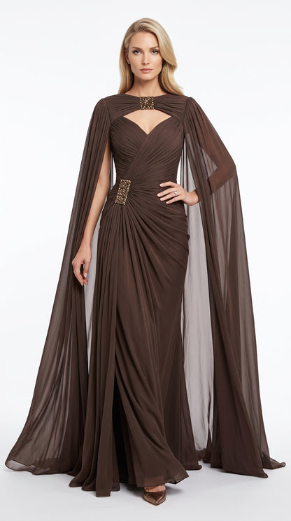 e:  Elegantes Chiffon-Abendkleid in Khakigrün mit Paillettenkragen und Cape-Ärmeln Beschreibung:  e422