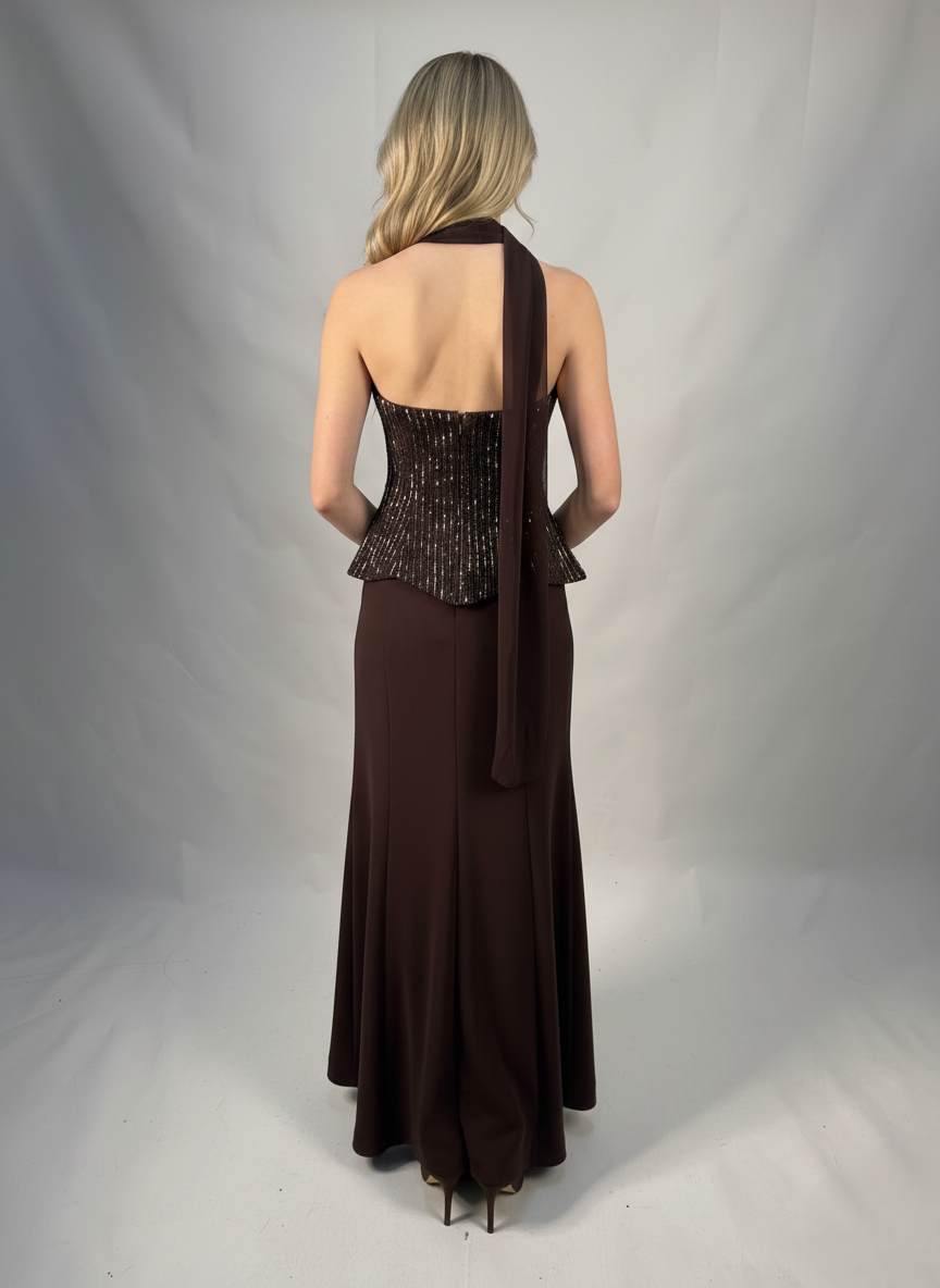 Langes Abendkleid mit Pailletten und Choker E371