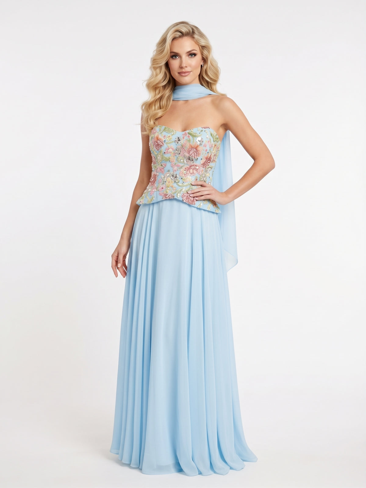 Trägerloses Abendkleid mit floralem Schößchen-Oberteil in Zartrosa Beschreibung: e409