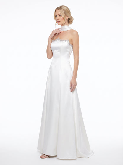 Elegantes trägerloses Saten-Abendkleid mit Strassbesatz und Choker in Schokoladenbraun e423