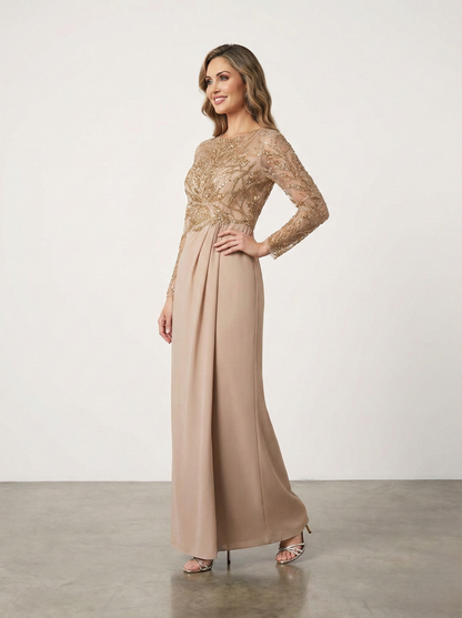 Langes AbeLanges Abendkleid aus Chiffon mit Stickerei und langen Ärmelnndkleid aus Chiffon E346 mit Stickerei und langen Ärmeln