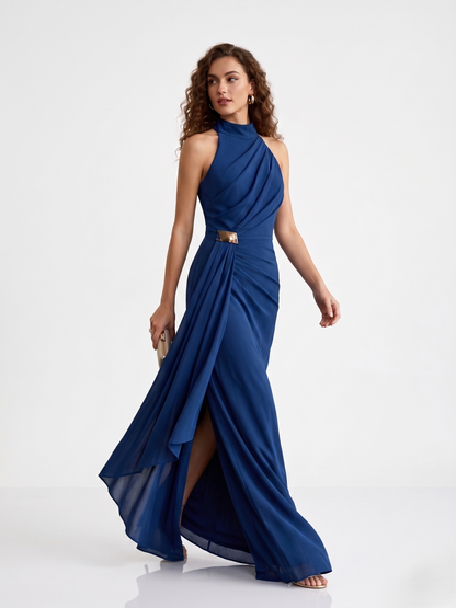 Chiffonabendkleid mit Drapierung und Stehkragen E384