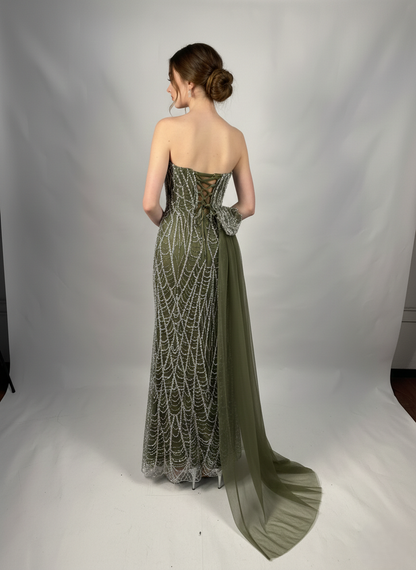 Verziertes Trägerloses Langes Abendkleid E341