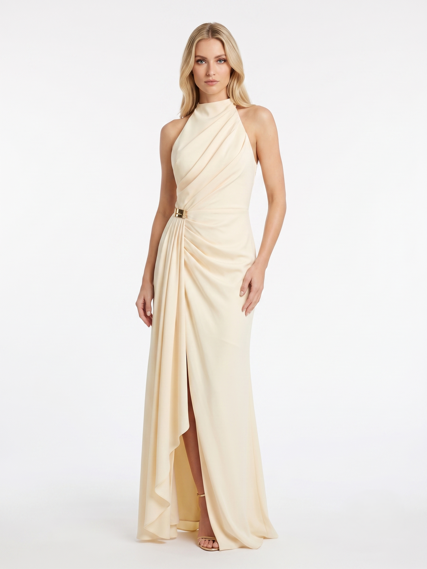 Chiffonabendkleid mit Drapierung und Stehkragen E384