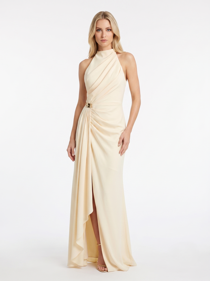 Chiffonabendkleid mit Drapierung und Stehkragen E384
