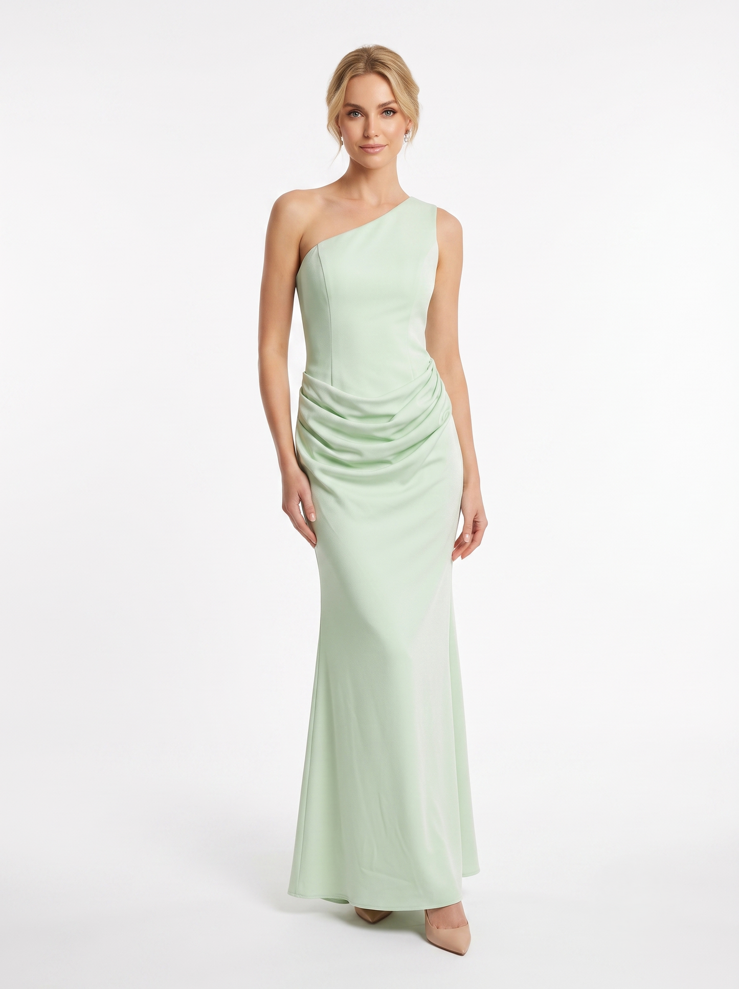 One-Shoulder Satinabendkleid mit Drapierung e387