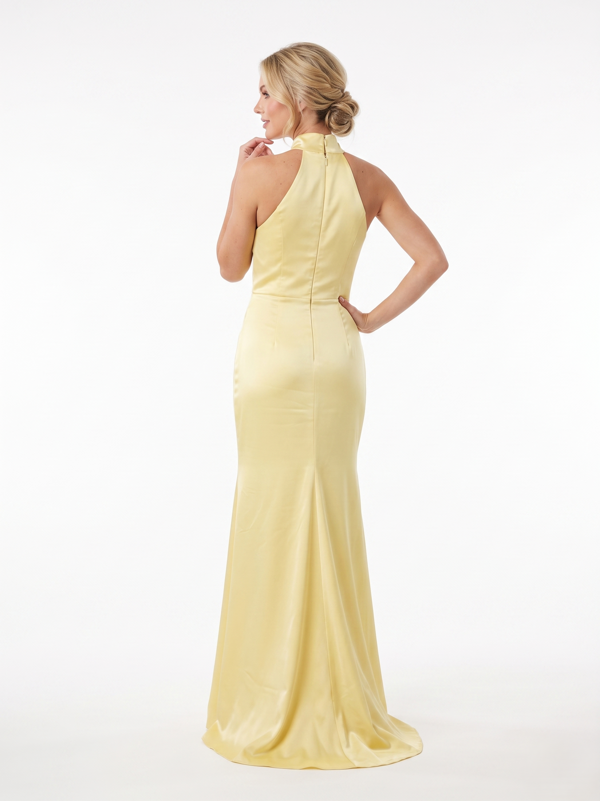 Halter-neck style attached floor-length caElegantes Neckholder-Abendkleid aus Satin mit Drapierung in Marineblau Beschreibung e e426