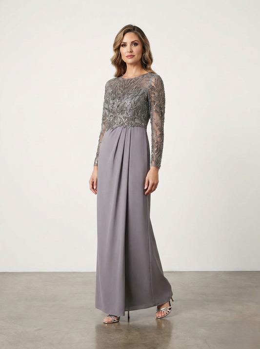 Langes AbeLanges Abendkleid aus Chiffon mit Stickerei und langen Ärmelnndkleid aus Chiffon E346 mit Stickerei und langen Ärmeln