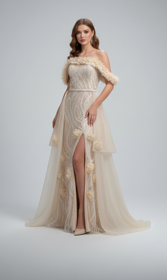 Dieses glamouröse Design besticht durch seinen Off-Shoulder-Schnitt  E326