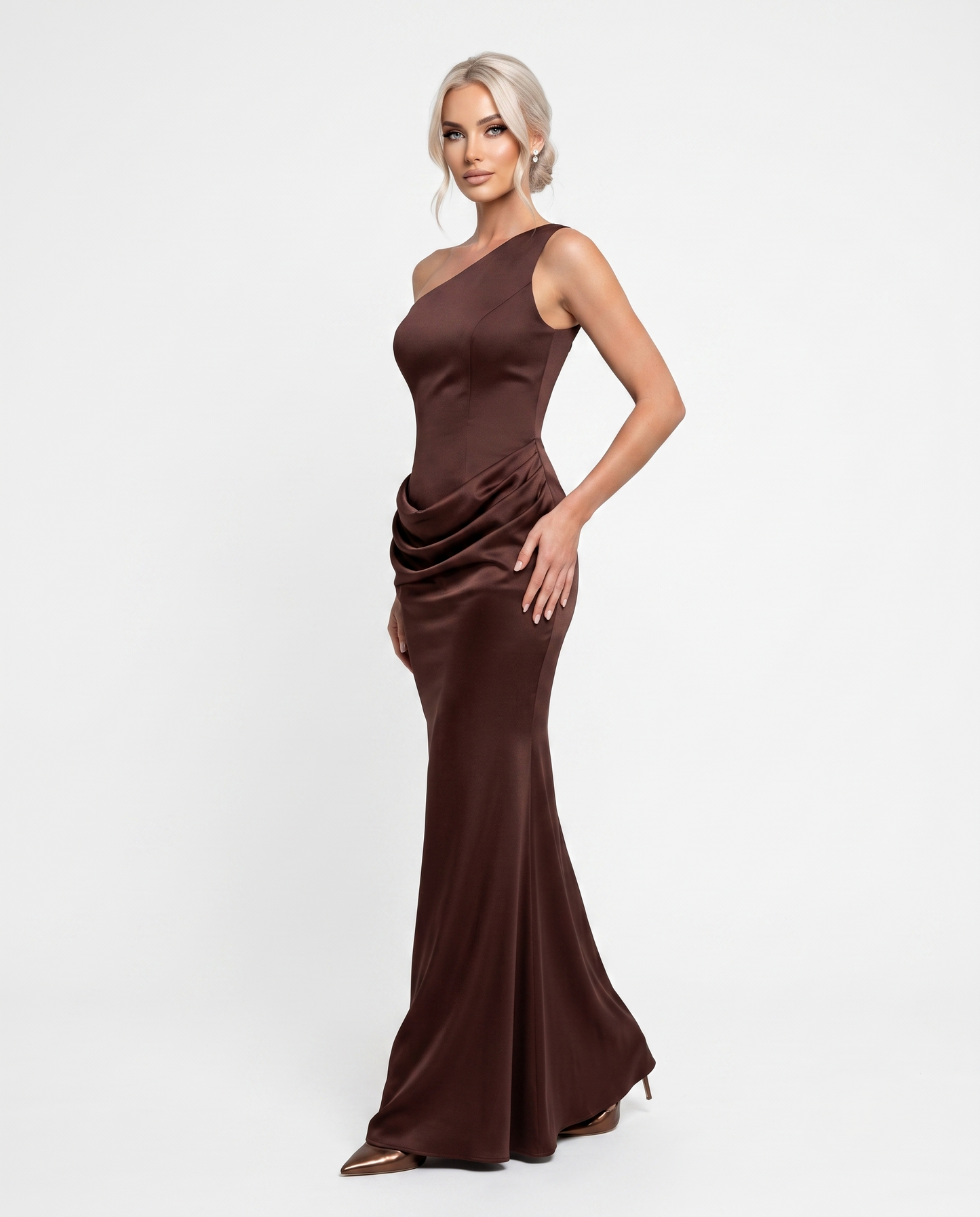 One-Shoulder Satinabendkleid mit Drapierung e387