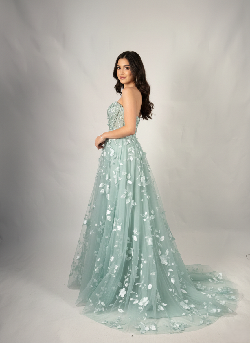 Trägerloses Tüll-Abendkleid mit 3D-Blüten - E304