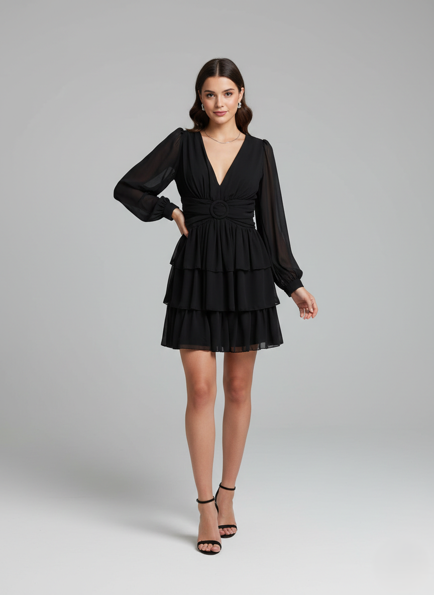 Dieses Mini-Kleid mit tiefem V-Ausschnitt und transparenten Ballonärmeln bietet moderne Eleganz. E402